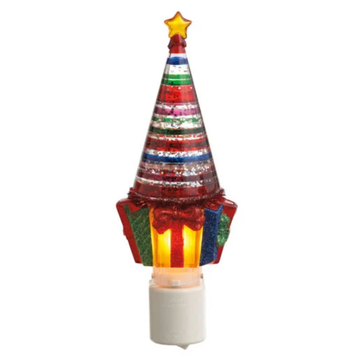 7.25" Red Striped Glittering Snow Dome Christmas Tree And Gifts Night Light