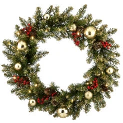 24" Glittery Gold Dunhill Fir Wreath With Battery Operated LED Lights