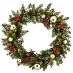 24" Glittery Gold Dunhill Fir Wreath With Battery Operated LED Lights -Northlight dnat dugl3 300 24wb1 5 51640.1631810855