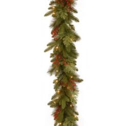 Christmas Central 9' X 12" Pre-Lit Cedar Leaves And Berries Artificial Christmas Garland, Clear Lights