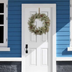 Christmas Central 30" Pre-Lit Frosted Mountain Spruce Artificial Christmas Wreath, Battery Operated Clear Lights -Northlight dnat pefm3 300 30wb1 2 23713.1631810857