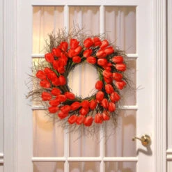 Tulip Artificial Floral Wreath, Red And Green 24-Inch -Northlight dnat ras hy55724w r1 4 72142.1631812642