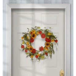 Floral Artificial Wreath With Sunflower And Orange/Yellow Mixed Flowers - 20-Inch -Northlight dnat ras s0377c 4 93344.1631810857
