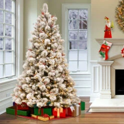 Christmas Central 7.5’ Pre-Lit Snowy Bedford Pine Artificial Christmas Tree, White Lights -Northlight dnat sbe1 309 75 2 74020.1631812674