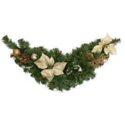 Northlight 32" Gold Poinsettia And Pinecone Artificial Christmas Swag, Unlit