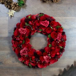 Northlight Red Wooden Rose And Berry Artificial Wreath, 13-Inch, Unlit -Northlight northlight sh36209 3 60550.1588368899