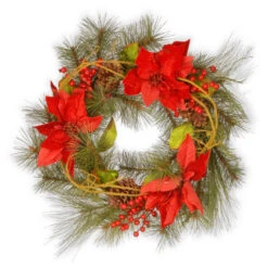 Red Poinsettia Artificial Christmas Wreath - 24-Inch, Unlit