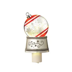 7" White And Red Christmas Traditions Snowflake Ball Ornament Glittering Snow Dome Night Light